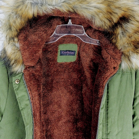 Curlbiuty Womens Dark Olive Winter Faux Fur Lining  Parka NWT Sz S - Picture 7 of 12